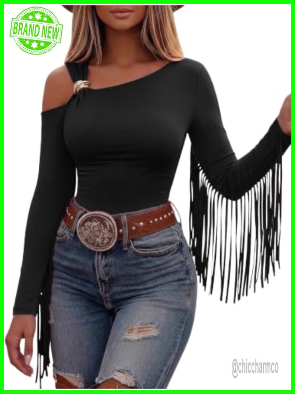 Fringe Off Shoulder Long Sleeve Western Cowgirl Top